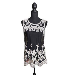 Somya Collection Women's Black Sheer Tunic with White Rope Detail Size M NWT